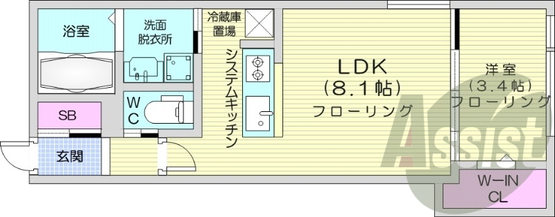 1LDK、エアコン、都市ガス、システムキッチン