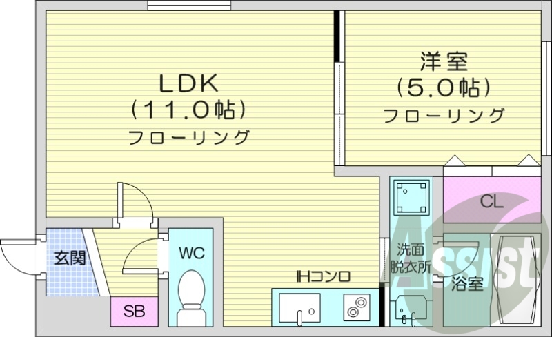 1LDK、IHコンロ、クローゼット、シューズボックス
