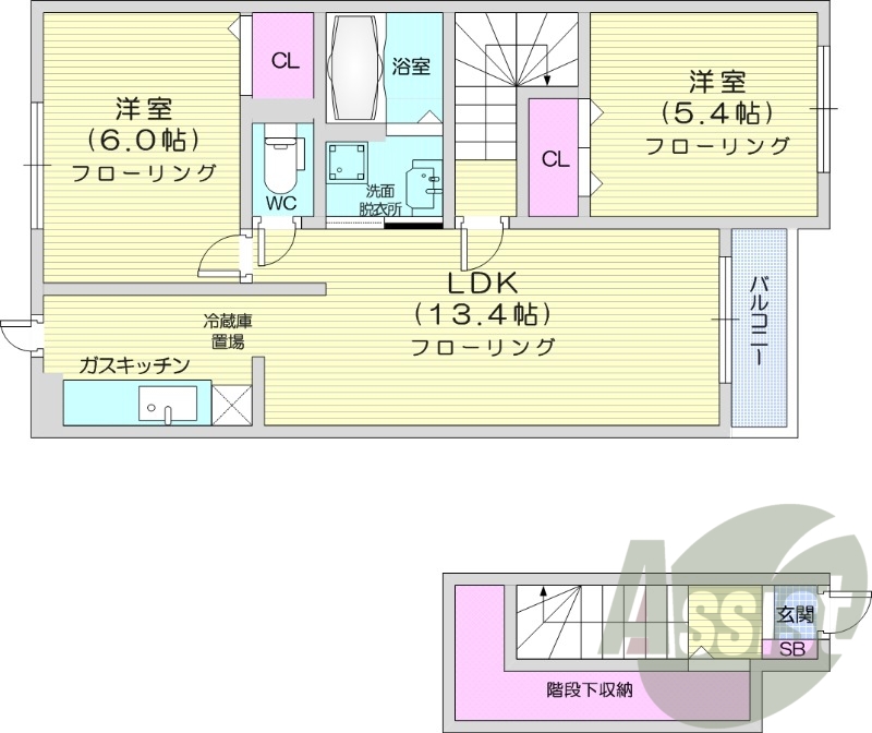 2LDK、バルコニー、浴室乾燥機、追い焚き