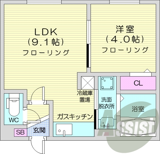 1LDK、オートロック、都市ガス、ネット使用料無料