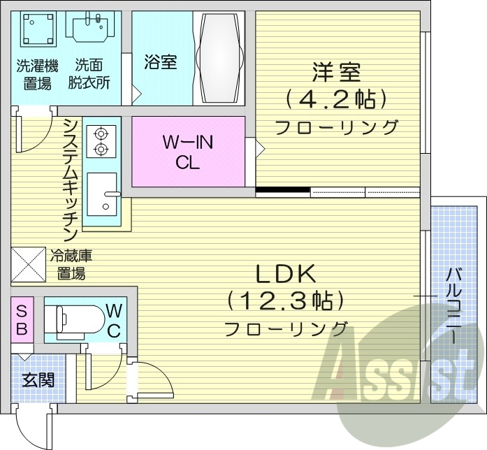 1LDK、都市ガス、システムキッチン、シューズボックス