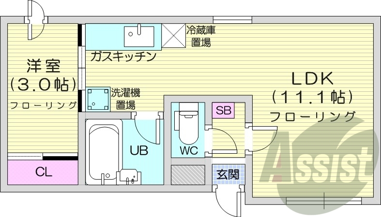 1LDK、灯油暖房、光ファイバー、バストイレ別