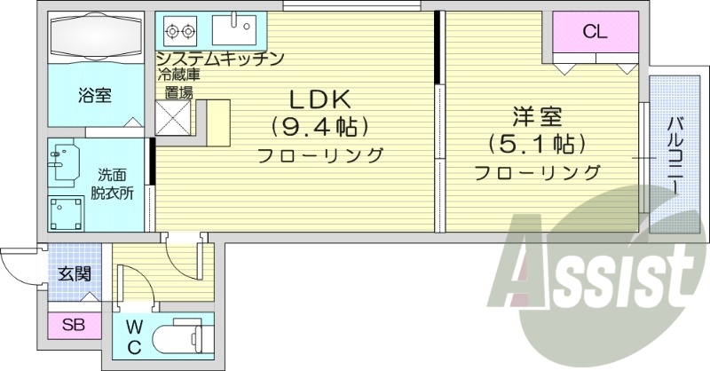 1LDK、エアコン、都市ガス、システムキッチン、