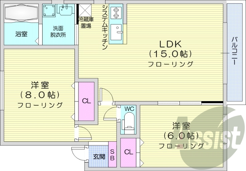 2LDK、エアコン、灯油暖房、独立洗面台