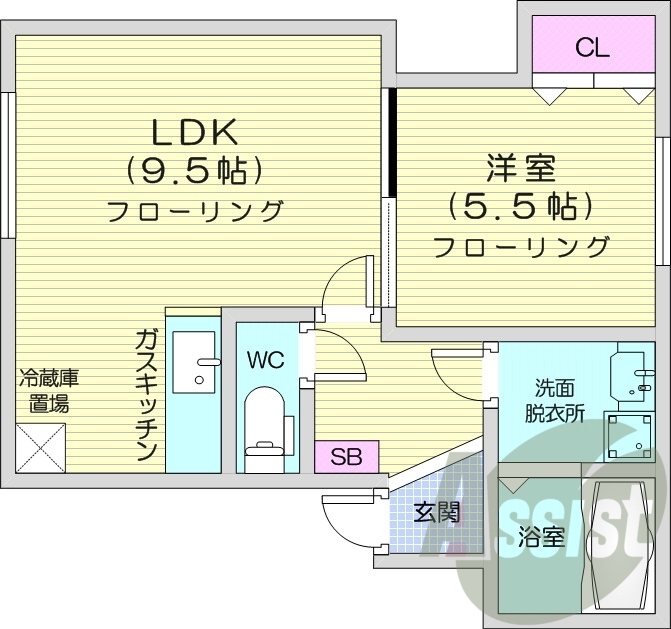 1LDK、エアコン、灯油暖房、車庫、バストイレ別