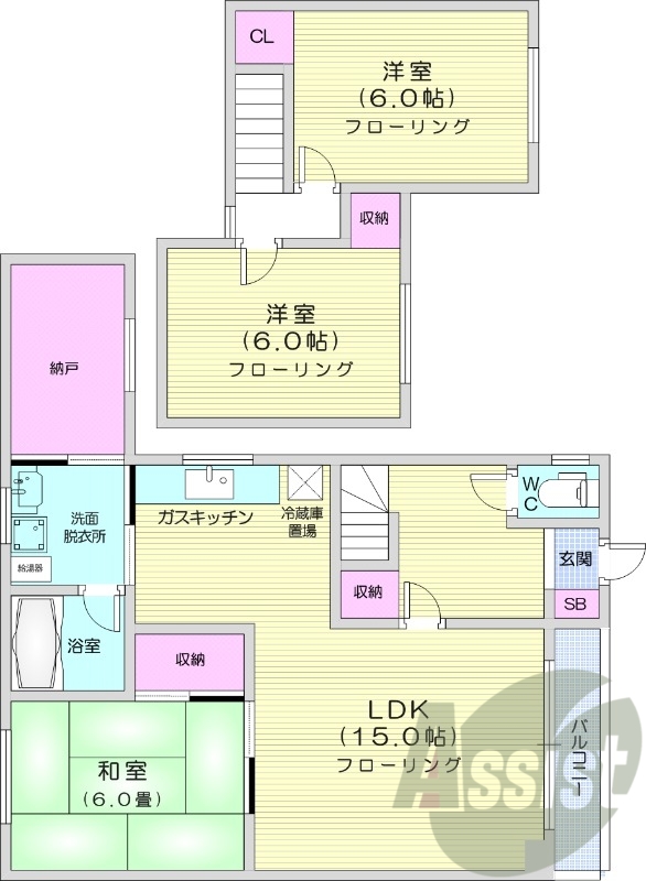 3LDK、灯油ボイラー、エアコン、独立洗面台