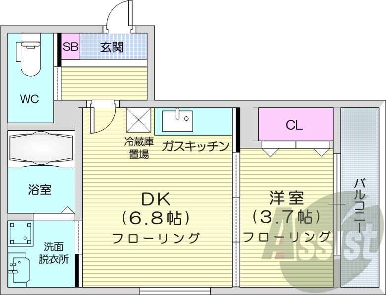 1DK、エレベータ、オートロック、エアコン、浴室乾燥機