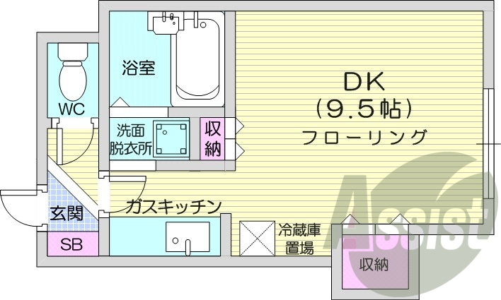 1K、ネット無料、バス・トイレ別、ガス暖房