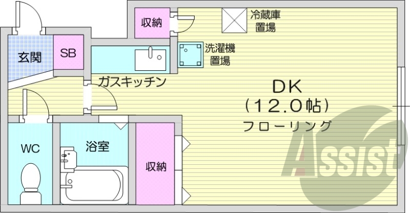 1K、ネット無料、バス・トイレ別、ガス暖房