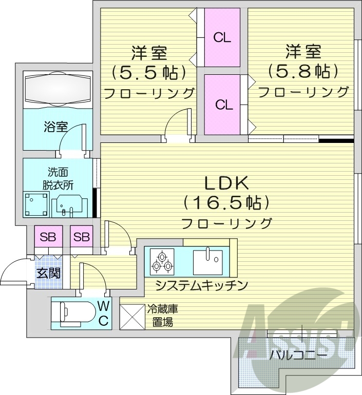 2LDK、システムキッチン、エアコン、ネット無料