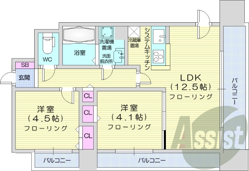 2LDK、システムキッチン、ウォシュレット