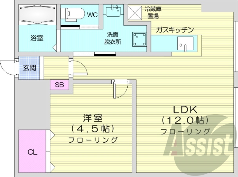 1LDK、シャワートイレ、ガス暖房、ネット使用料不要