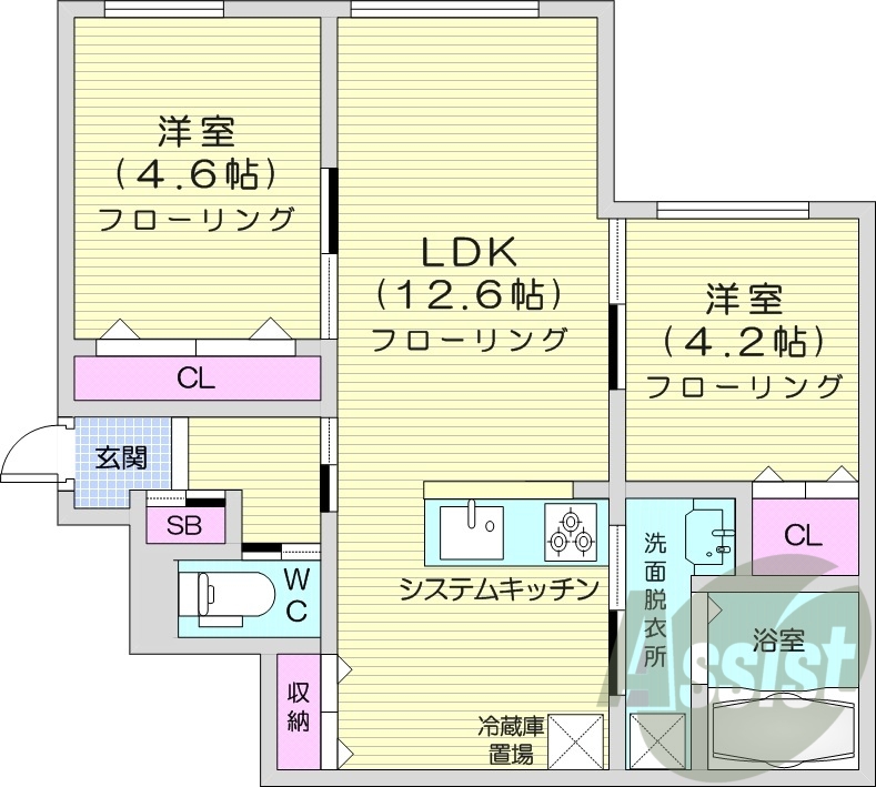 2LDK、エアコン、都市ガス、システムキッチン