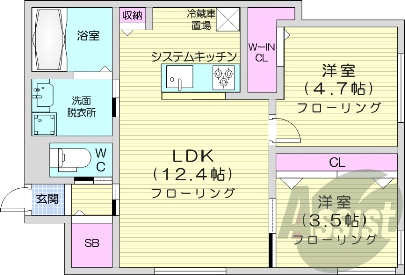 2LDK、エアコン、都市ガス、システムキッチン