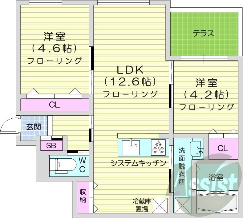 2LDK、エアコン、都市ガス、システムキッチン