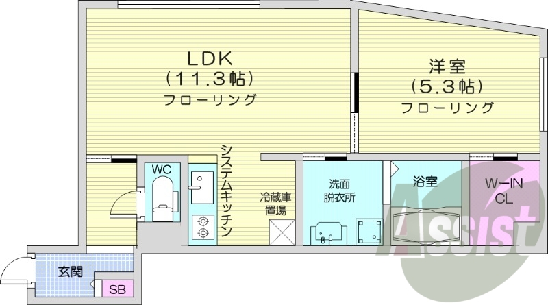 1LDK、エアコン、都市ガス、システムキッチン