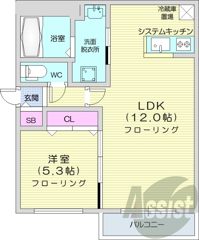 1LDK、エアコン、都市ガス、システムキッチン