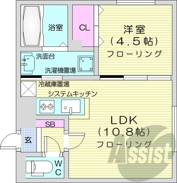 1LDK、エアコン、都市ガス、独立洗面台、システムキッチン