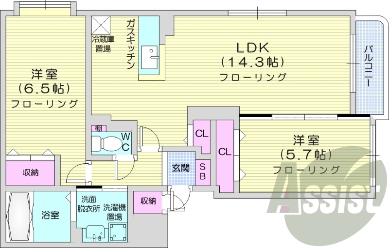 2LDK、角部屋、トランクルーム、バルコニー
