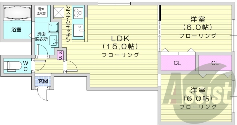 2LDK、システムキッチン、独立洗面台、暖房