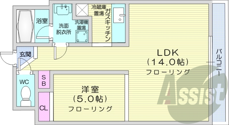 1LDK、クローゼット、シューズボックス、バルコニー