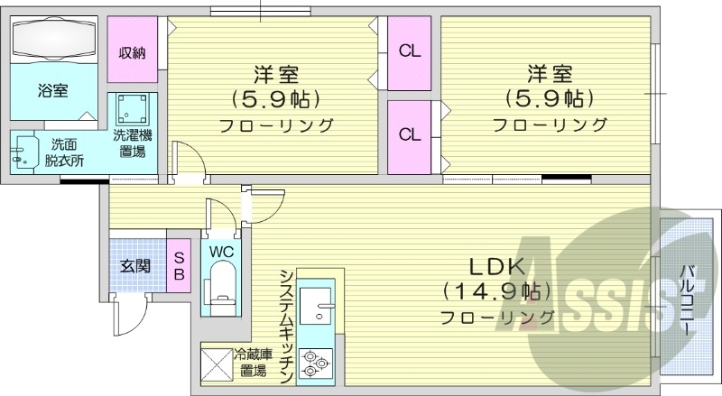 2LDK、システムキッチン、エアコン、ネット使用料不要