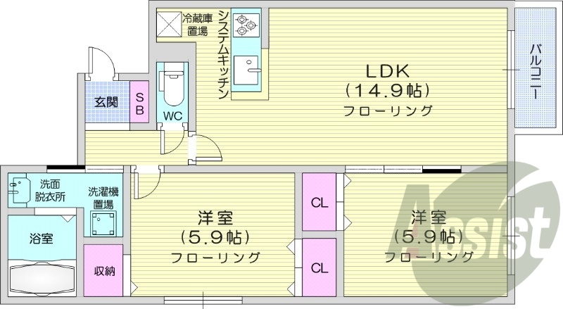 2LDK、システムキッチン、エアコン、ネット使用料不要