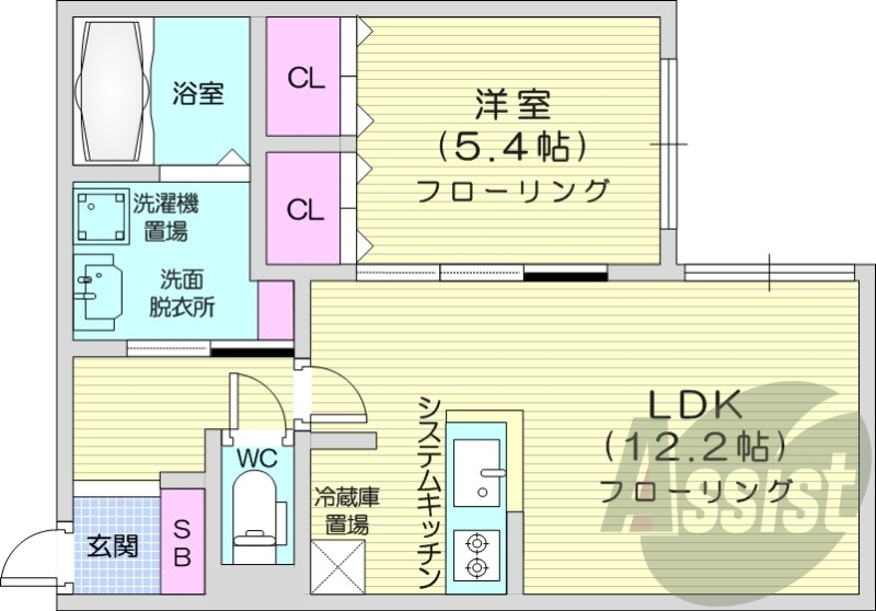 1LDK、システムキッチン、エアコン、ネット使用料不要