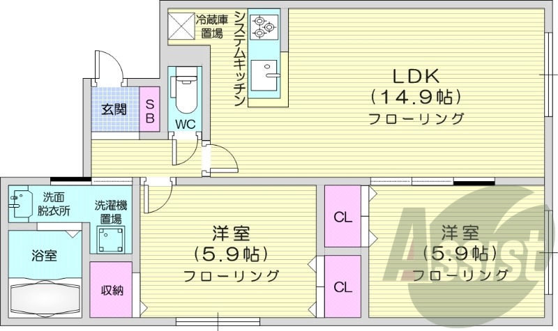 2LDK、システムキッチン、エアコン、ネット使用料不要