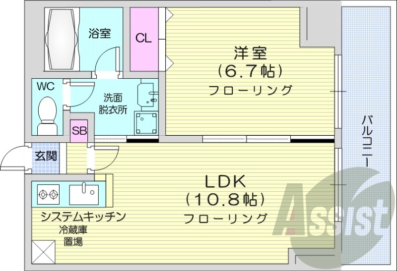 1LDK、エアコン、システムキッチン、シューズボックス