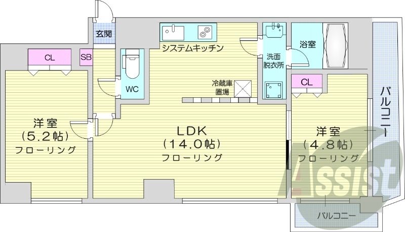 2LDK、オール電化、エアコン、バストイレ別