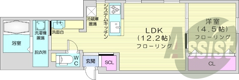 1LDK、エアコン、都市ガス、システムキッチン