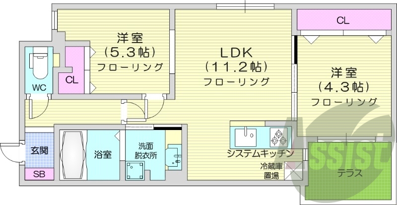 2LDK、エアコン、都市ガス、システムキッチン