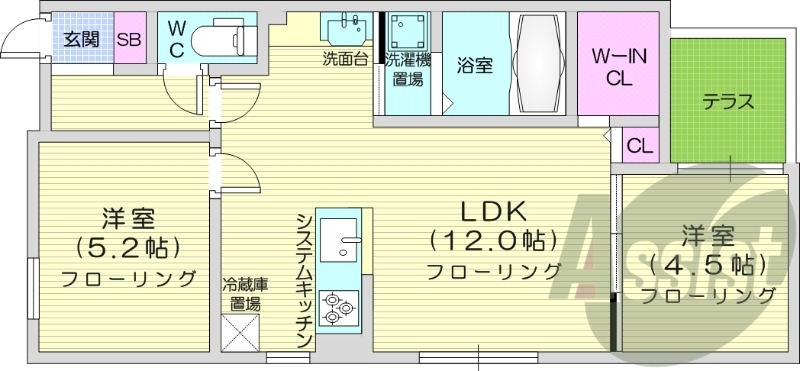 2LDK、エアコン、都市ガス、システムキッチン