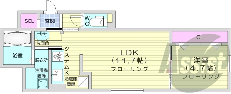 1LDK、エアコン、都市ガス、システムキッチン