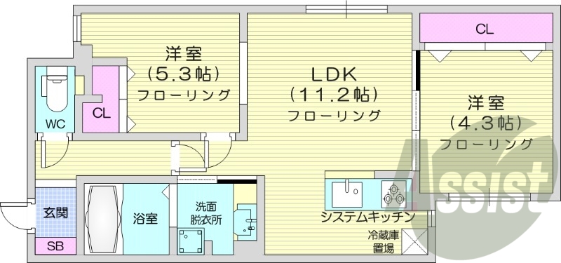 2LDK、エアコン、都市ガス、システムキッチン
