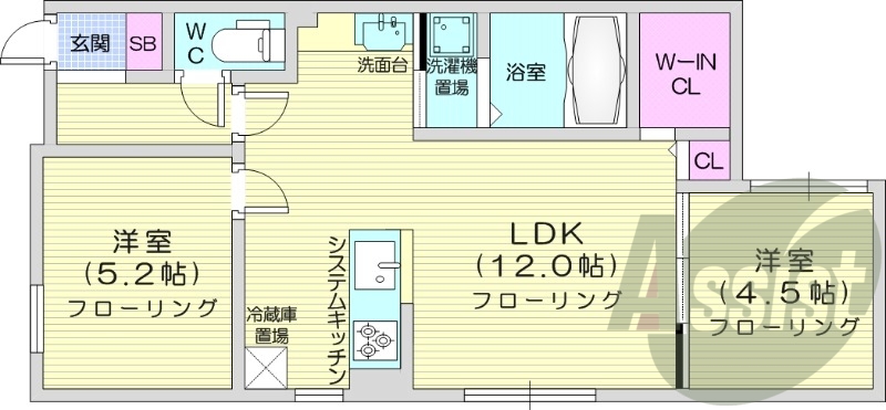 2LDK、エアコン、都市ガス、システムキッチン