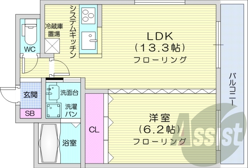 1LDK、IHシステムキッチン、ウォシュレット、独立洗面台