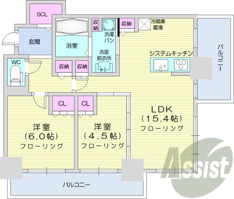 2LDK、システムキッチン、床暖房、シャワートイレ