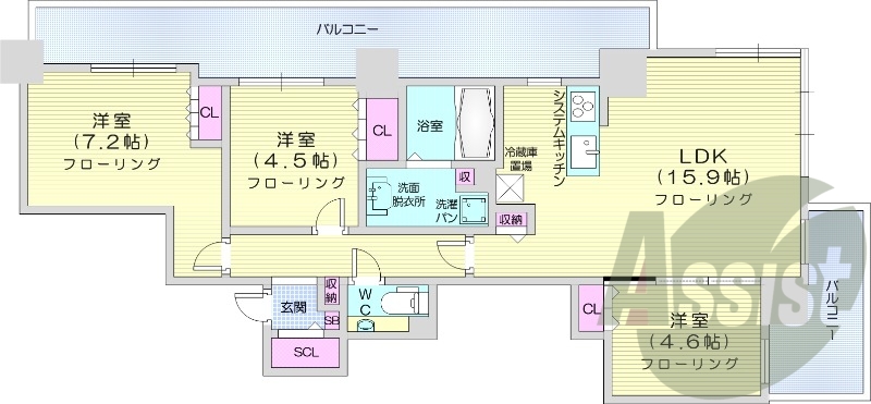 3LDK、システムキッチン、床暖房、シャワートイレ