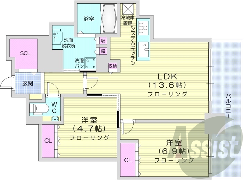 2LDK、システムキッチン、床暖房、シャワートイレ