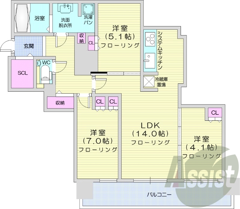 3LDK、システムキッチン、床暖房、シャワートイレ