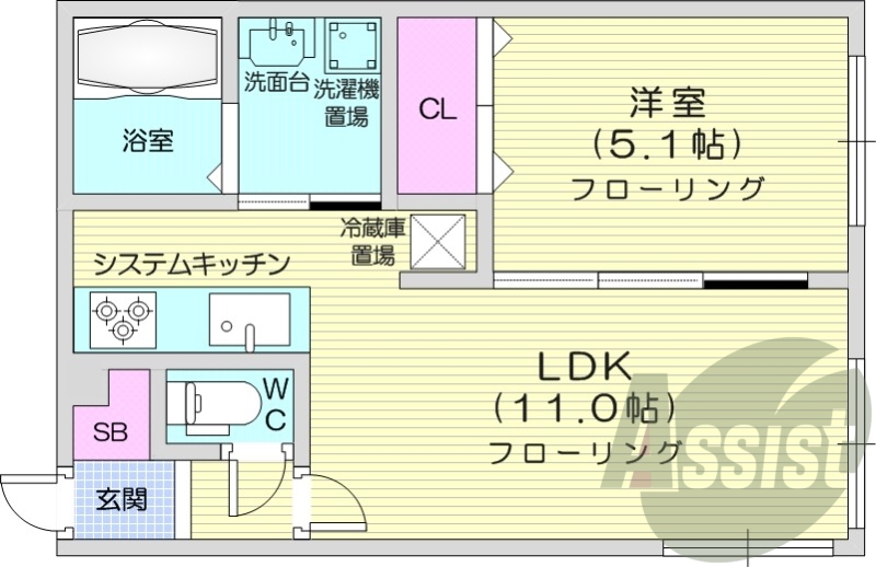 1LDK、エアコン、システムキッチン、ネット無料