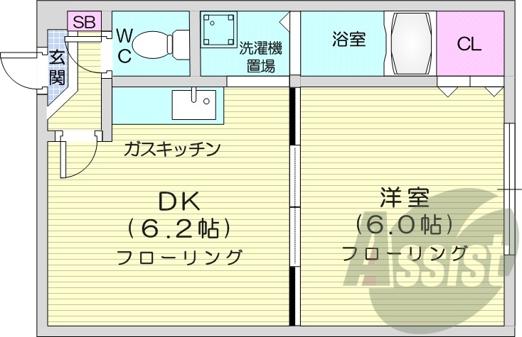 1DK、バス・トイレ別、灯油暖房、室内洗濯機置場