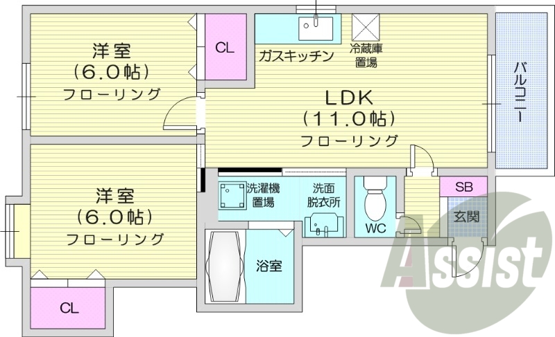 2LDK、都市ガス、エアコン、灯油暖房、ネット使用料不要