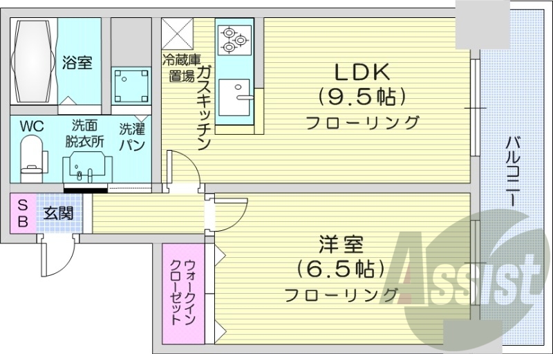 1LDK、角部屋、バストイレ別、シャワートイレ