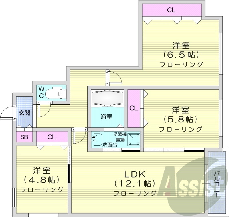 3LDK、都市ガス、ネット無料、エアコン、浴室乾燥