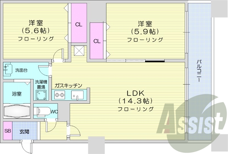 2LDK、浴室乾燥機、灯油暖房、エアコン、シャンドレ