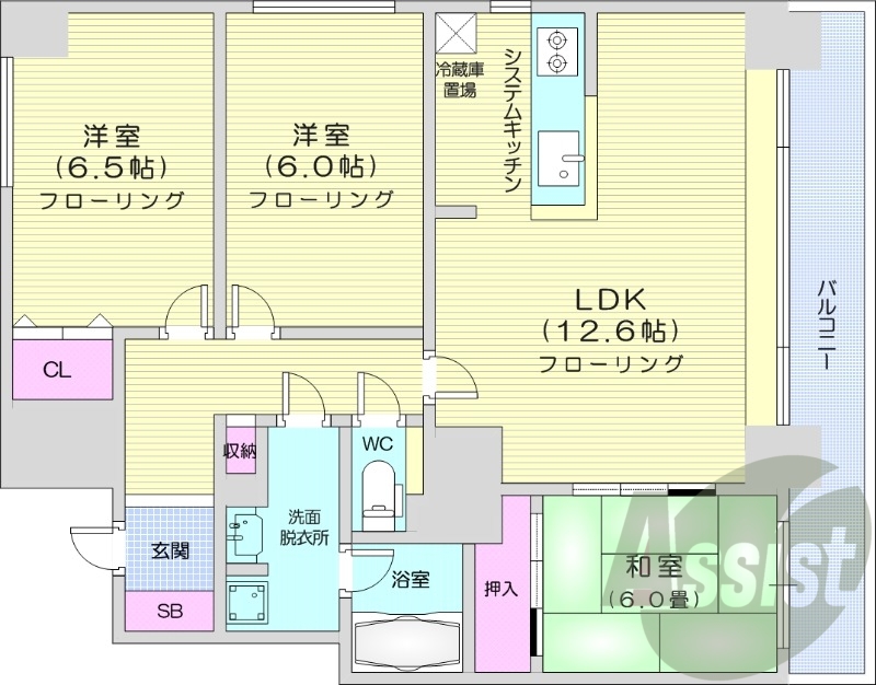 3LDK、都市ガス、独立洗面台、システムキッチン、