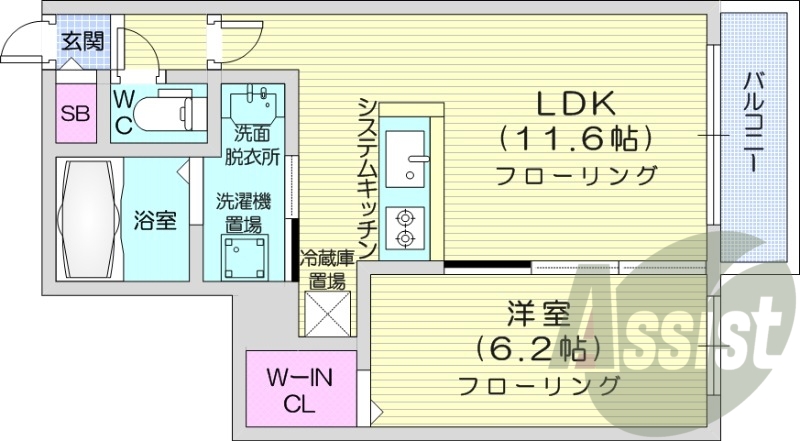 1LDK、システムキッチン、ウォークインクローゼット